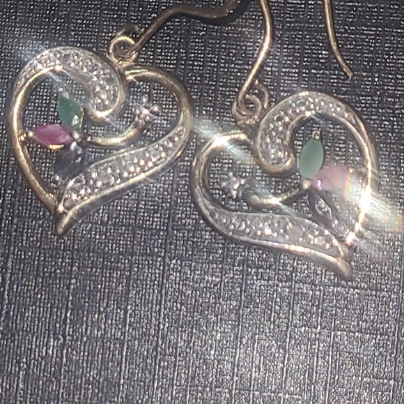 Natural Ruby,Emerald,& Saphire accented by White Diamonds Earrings - Picture 6 of 8